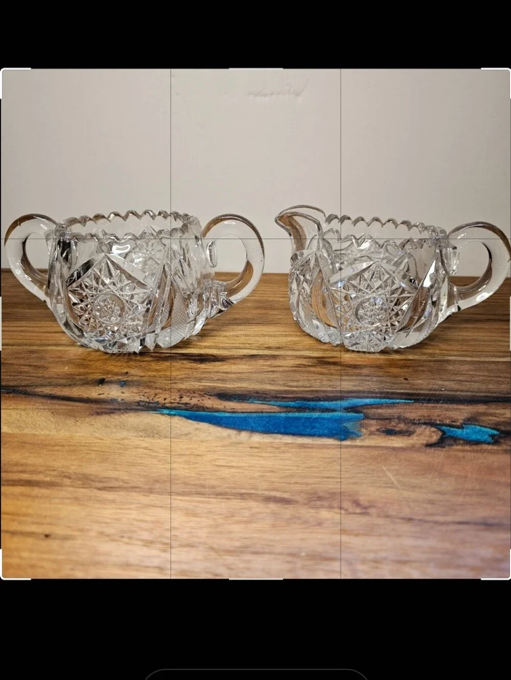 Antique ABP Cut Glass Creamer & Sugar Bowl Set Hobstar Sawtooth